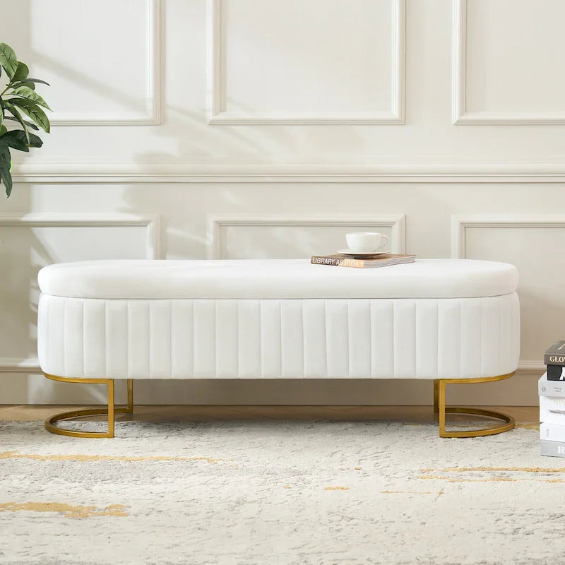 Mid-Century Modern Upholstered Storage Bench with Internal Grid and Metal Legs