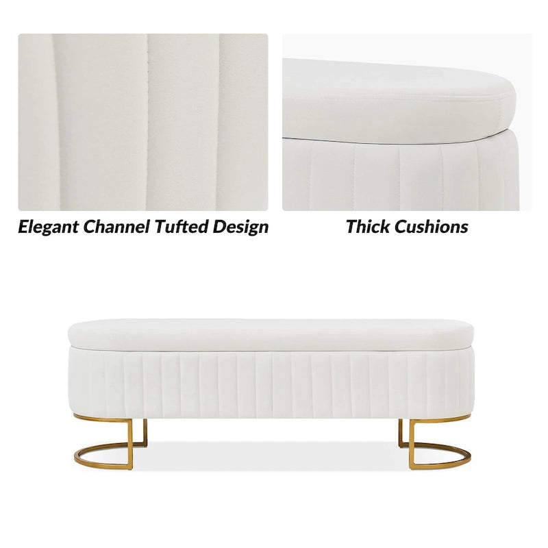 Mid-Century Modern Upholstered Storage Bench with Internal Grid and Metal Legs