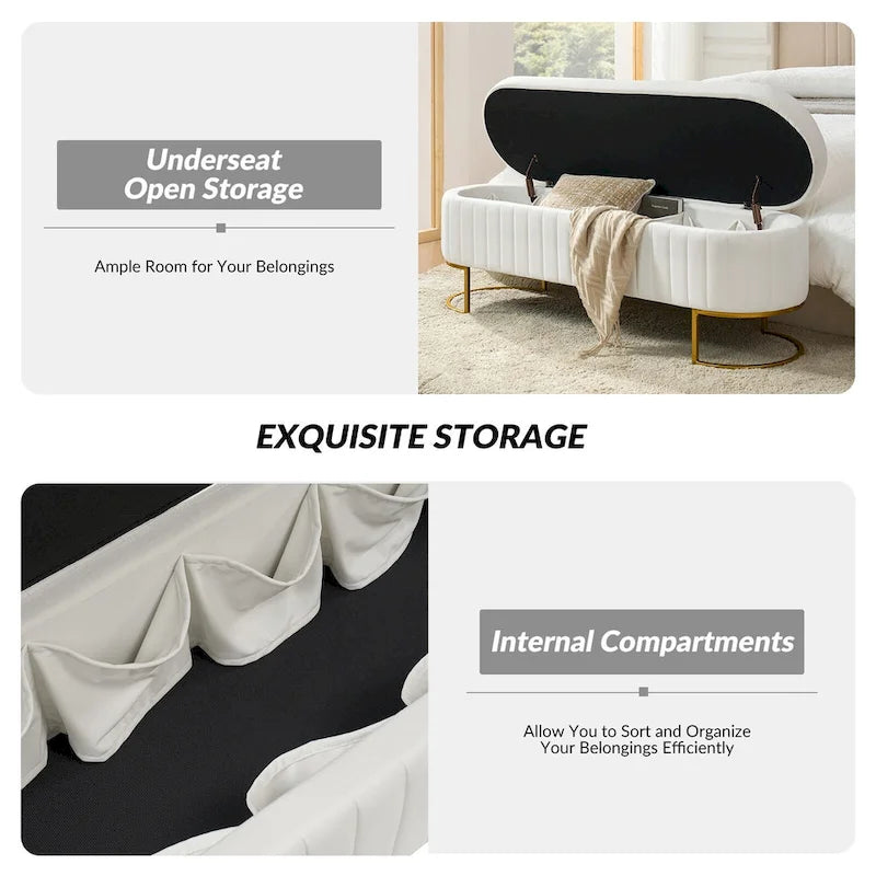 Mid-Century Modern Upholstered Storage Bench with Internal Grid and Metal Legs