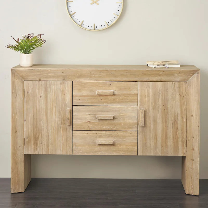 Wood Storage Cabinet 2 Door and 3 Drawer Sideboard with Natural Wood Grains - Brown