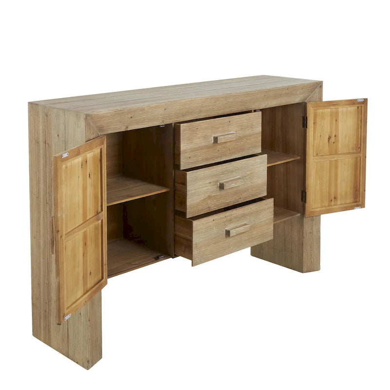 Wood Storage Cabinet 2 Door and 3 Drawer Sideboard with Natural Wood Grains - Brown