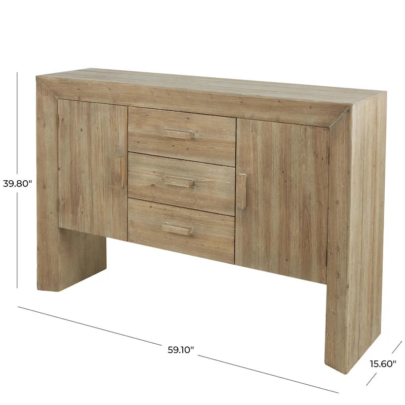 Wood Storage Cabinet 2 Door and 3 Drawer Sideboard with Natural Wood Grains - Brown