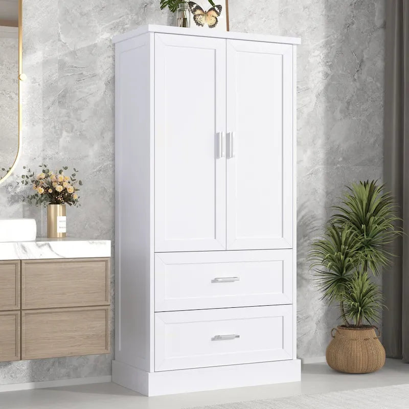 Tall Bathroom Storage Cabinet, Cabinet with Two Doors and Drawers, Adjustable Shelf, MDF Board