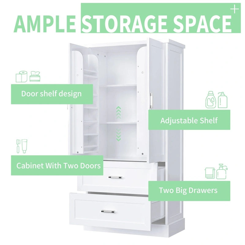 Tall Bathroom Storage Cabinet, Cabinet with Two Doors and Drawers, Adjustable Shelf, MDF Board