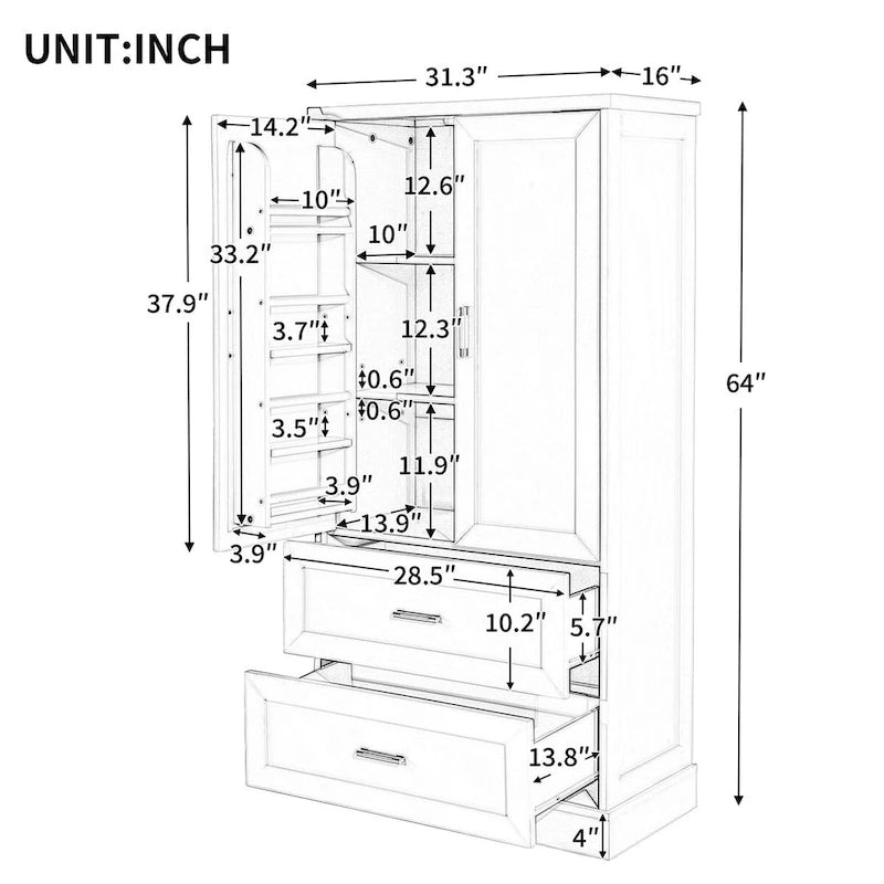 Tall Bathroom Storage Cabinet, Cabinet with Two Doors and Drawers, Adjustable Shelf, MDF Board