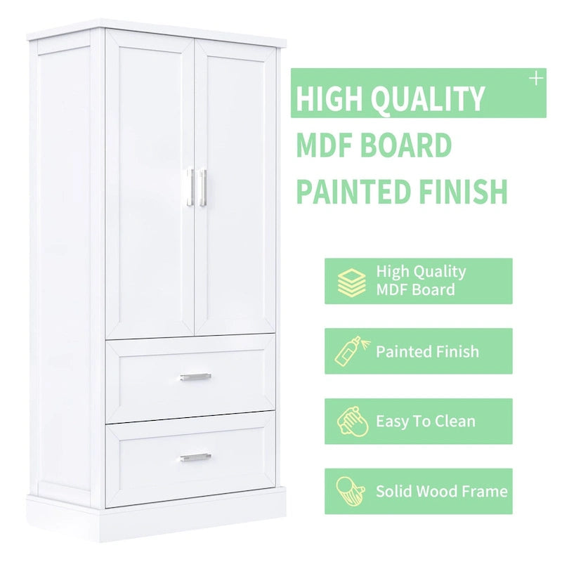 Tall Bathroom Storage Cabinet, Cabinet with Two Doors and Drawers, Adjustable Shelf, MDF Board