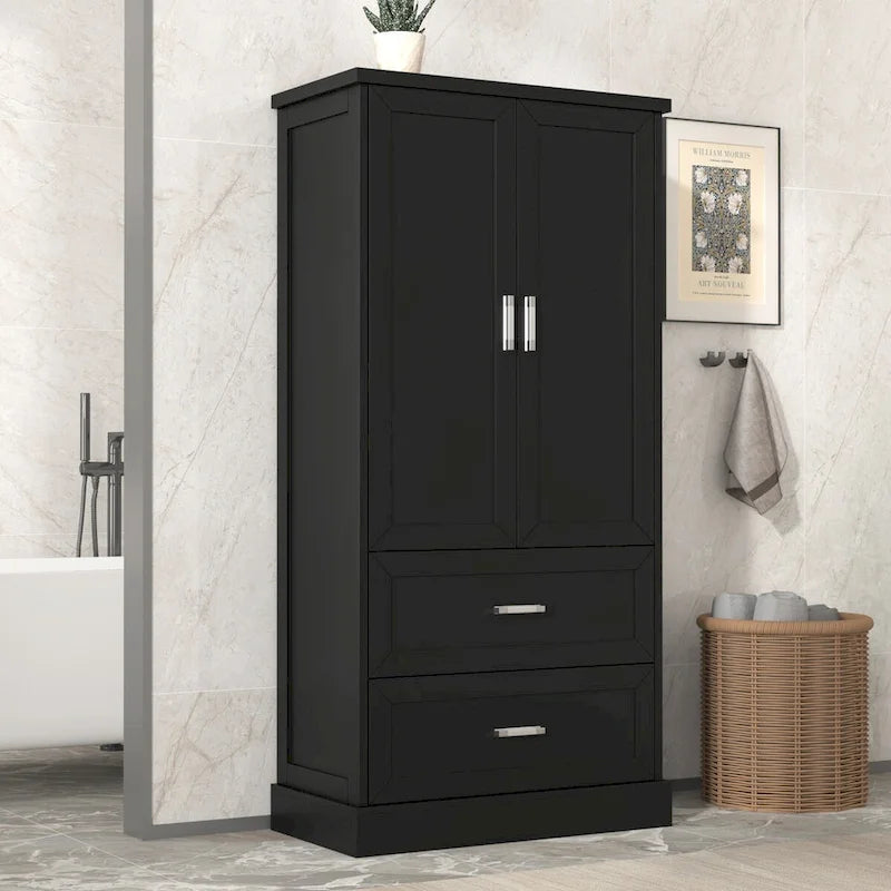 Tall Bathroom Storage Cabinet, Cabinet with Two Doors and Drawers, Adjustable Shelf, MDF Board