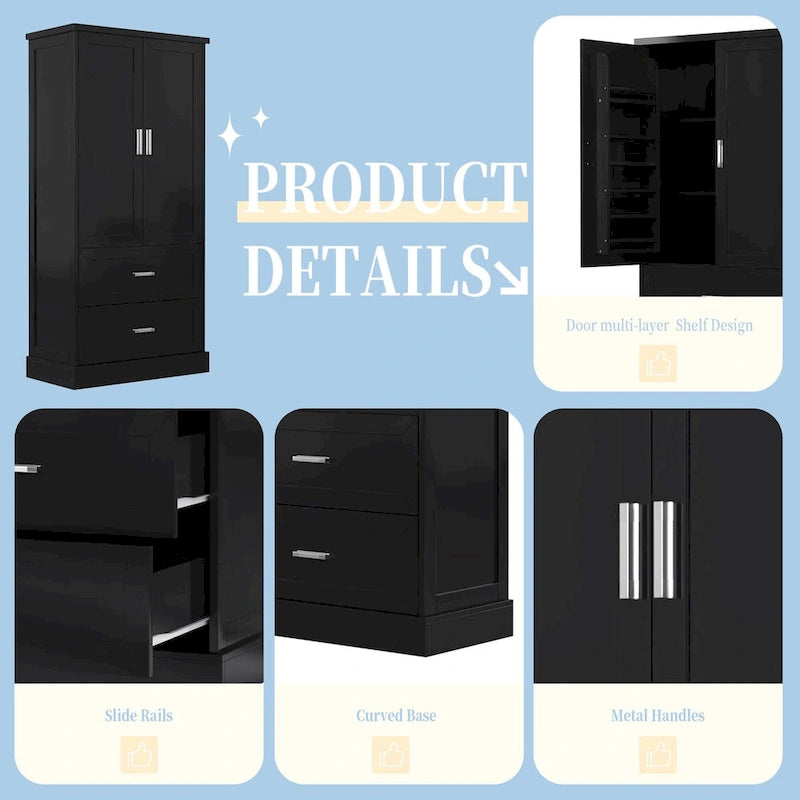 Tall Bathroom Storage Cabinet, Cabinet with Two Doors and Drawers, Adjustable Shelf, MDF Board