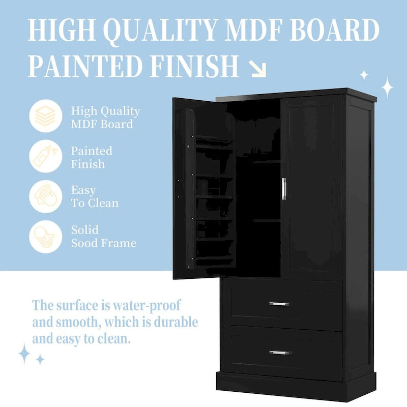 Tall Bathroom Storage Cabinet, Cabinet with Two Doors and Drawers, Adjustable Shelf, MDF Board