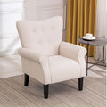 Wingback Accent Chair, High-Back Upholstered Fabric Chair with Wooden Legs, Off-White