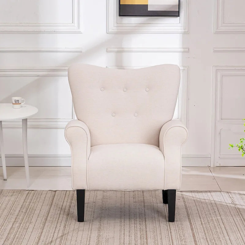 Wingback Accent Chair, High-Back Upholstered Fabric Chair with Wooden Legs, Off-White
