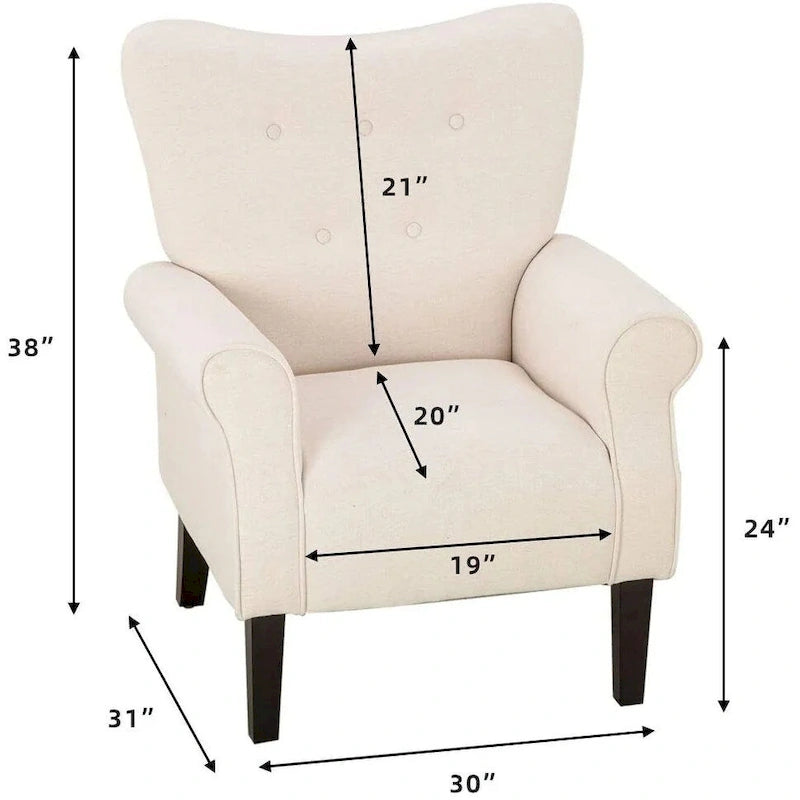Wingback Accent Chair, High-Back Upholstered Fabric Chair with Wooden Legs, Off-White