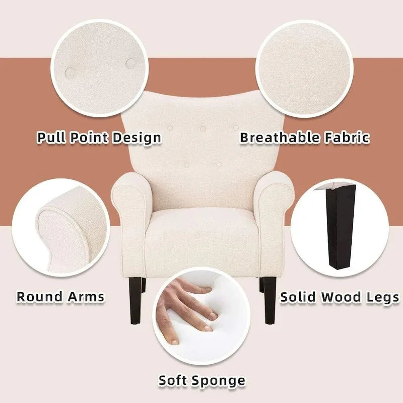 Wingback Accent Chair, High-Back Upholstered Fabric Chair with Wooden Legs, Off-White