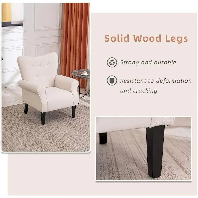 Wingback Accent Chair, High-Back Upholstered Fabric Chair with Wooden Legs, Off-White