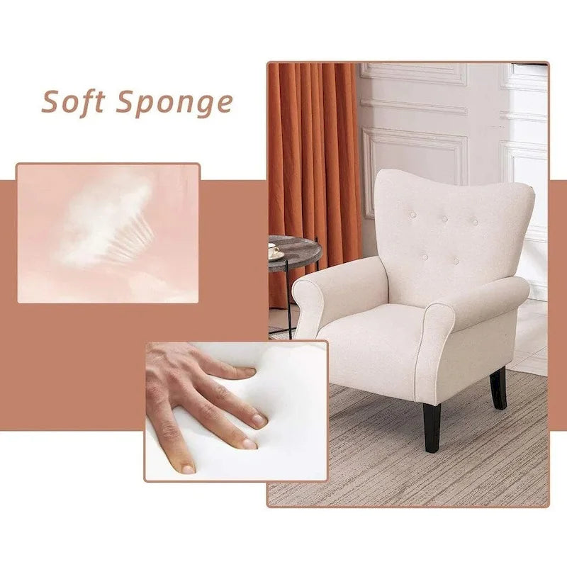 Wingback Accent Chair, High-Back Upholstered Fabric Chair with Wooden Legs, Off-White