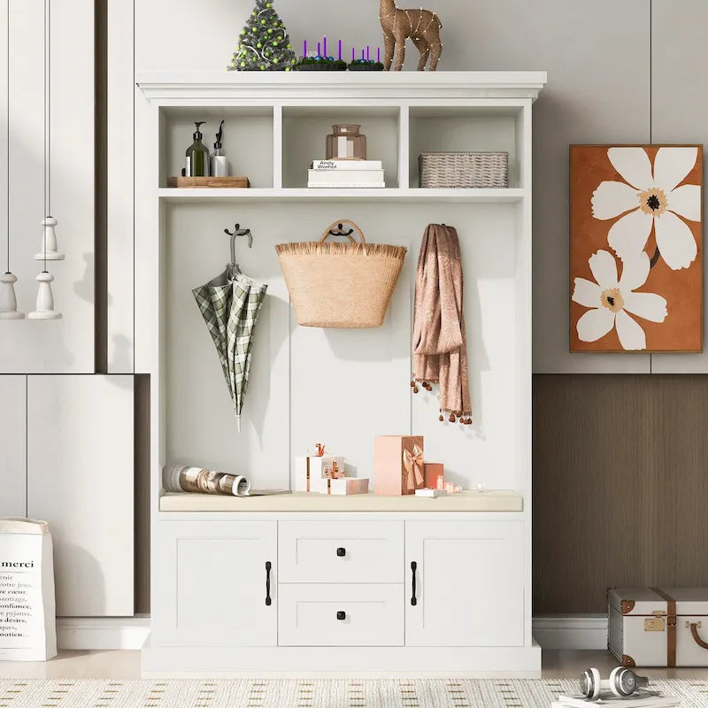 Classic Hall Tree with 3 Hooks, Coat Hanger, Storage Bench for Entrance, Hallway