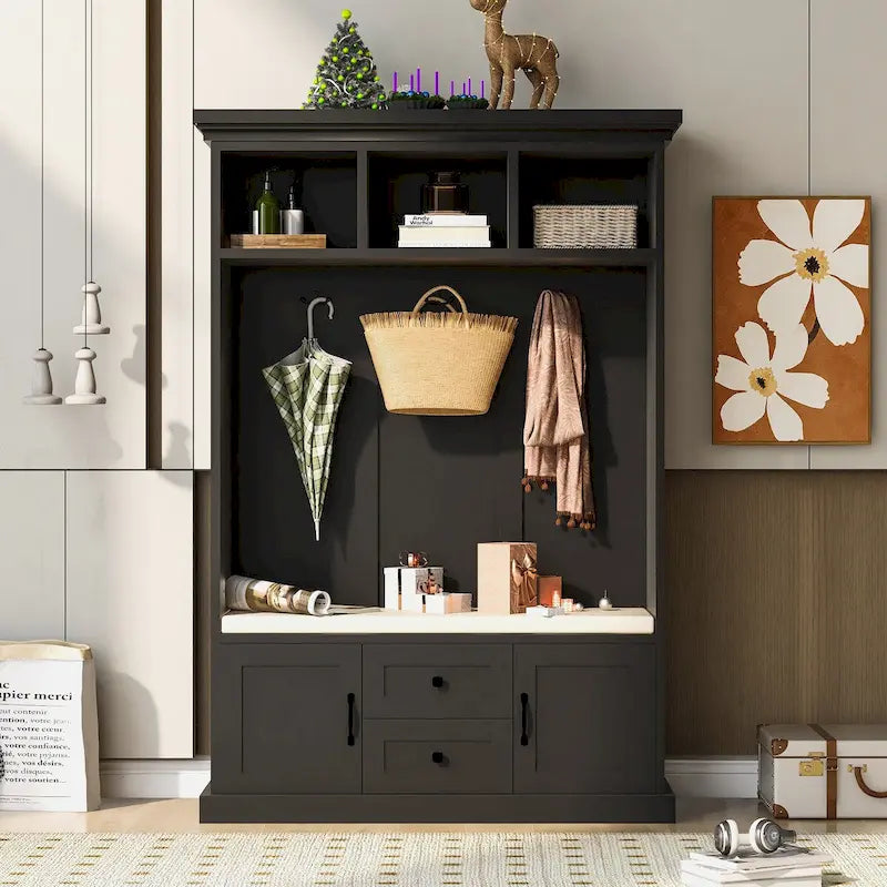 Classic Hall Tree with 3 Hooks, Coat Hanger, Storage Bench for Entrance, Hallway