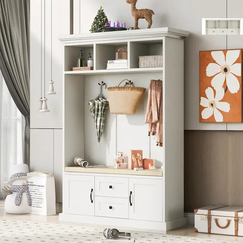 Classic Hall Tree with 3 Hooks, Coat Hanger, Storage Bench for Entrance, Hallway
