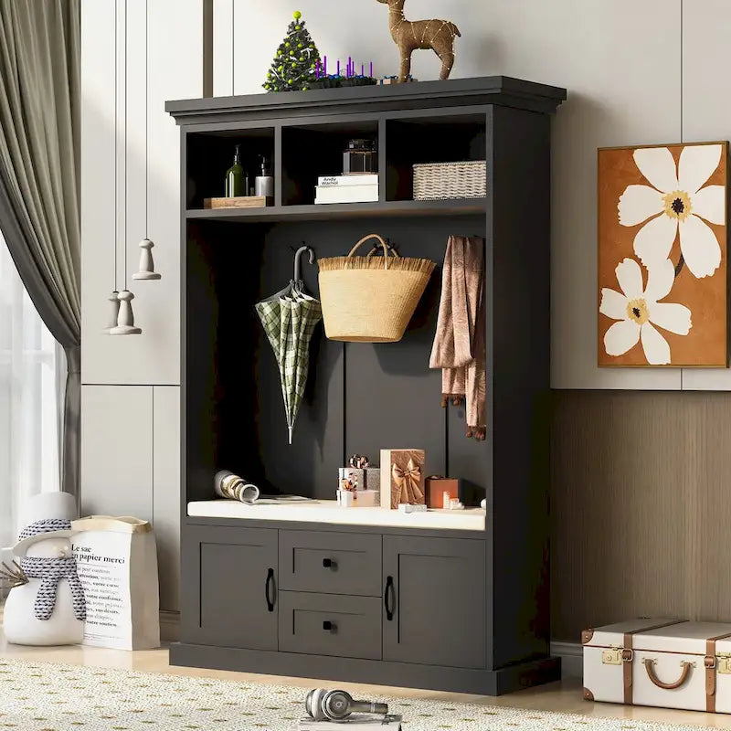 Classic Hall Tree with 3 Hooks, Coat Hanger, Storage Bench for Entrance, Hallway