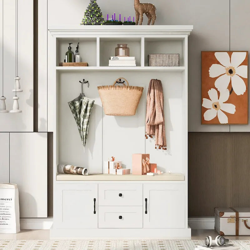 Classic Hall Tree with 3 Hooks, Coat Hanger, Storage Bench for Entrance, Hallway