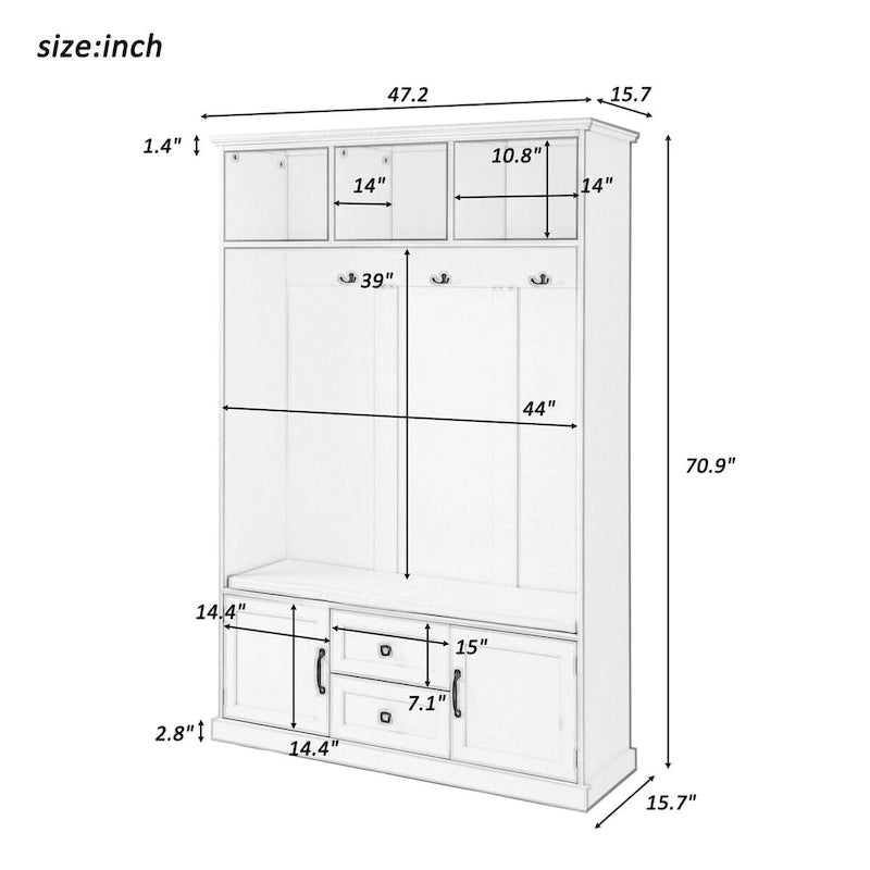 Classic Hall Tree with 3 Hooks, Coat Hanger, Storage Bench for Entrance, Hallway