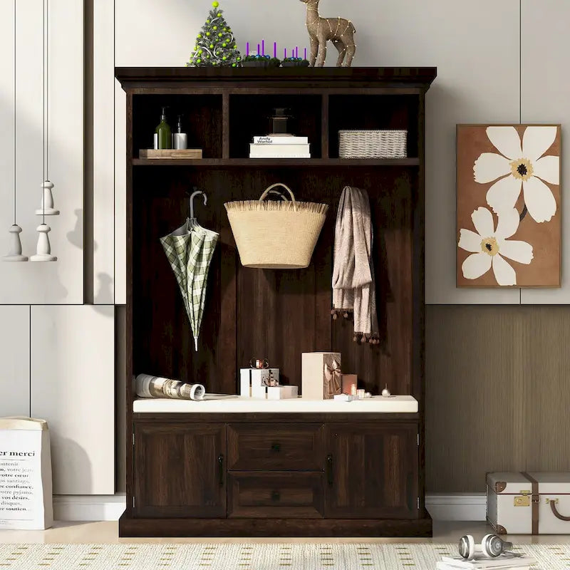 Classic Hall Tree with 3 Hooks, Coat Hanger, Storage Bench for Entrance, Hallway