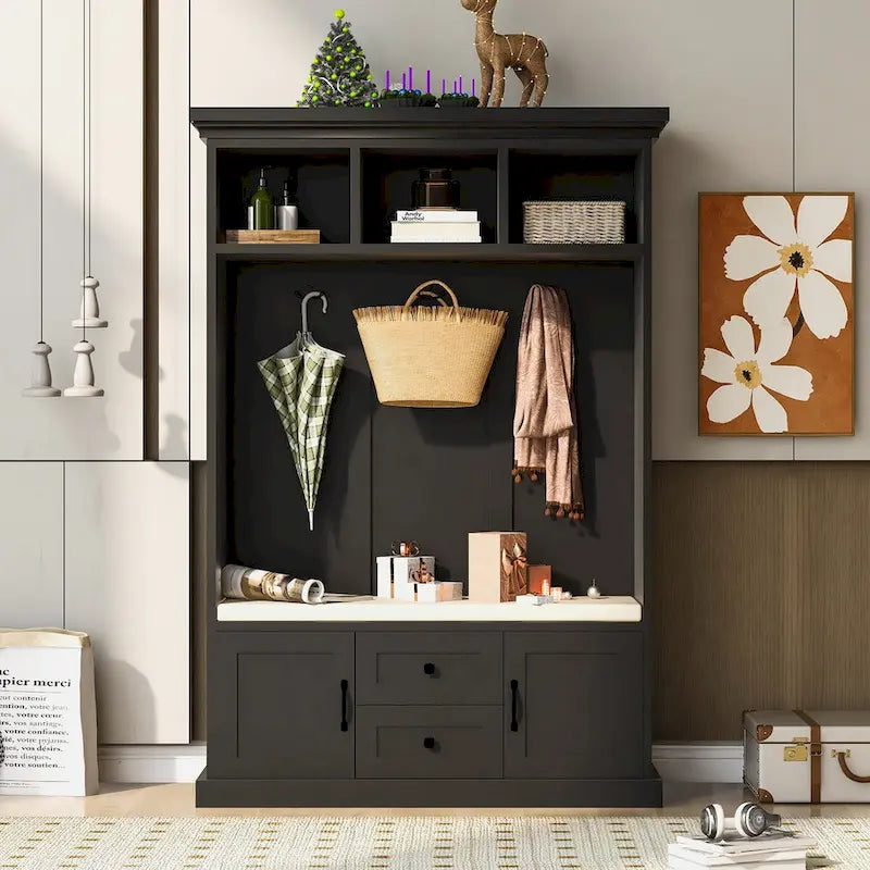 Classic Hall Tree with 3 Hooks, Coat Hanger, Storage Bench for Entrance, Hallway